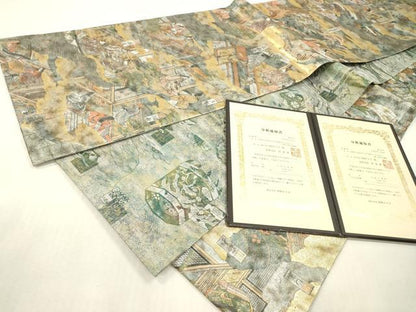 平和屋本店▼極上　西陣あさぎ　両面　全通全景柄袋帯　源氏香合せ　純金箔　プラチナ　分析通知書付き　正絹　逸品　DABI7867fe