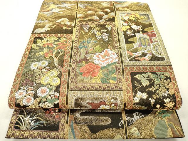 平和屋本店▼六通柄袋帯　唐織　琳派瑞祥錦　黒地　本金箔つづれ　正絹　逸品　DABI7878fe