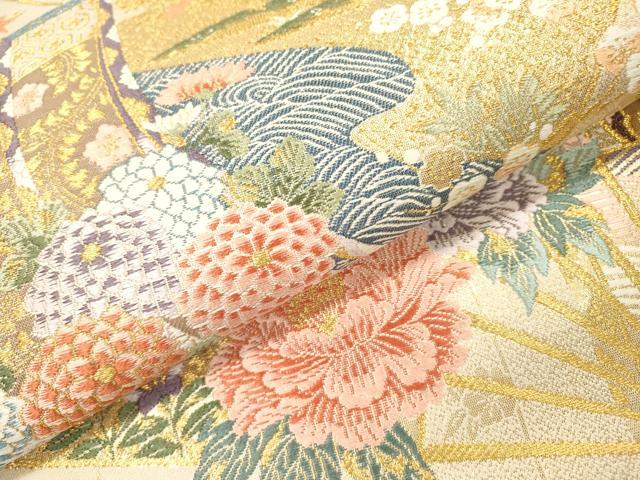平和屋本店▼六通柄袋帯　唐織　瑞波吉祥扇　本金箔　正絹　逸品　未使用　DABI7879fe