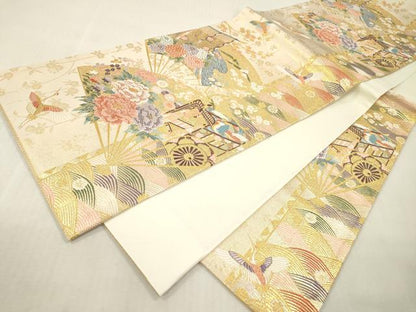 平和屋本店▼六通柄袋帯　唐織　瑞波吉祥扇　本金箔　正絹　逸品　未使用　DABI7879fe
