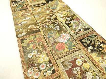 平和屋本店▼六通柄袋帯　唐織　琳派瑞祥錦　黒地　本金箔つづれ　正絹　逸品　DABI7878fe