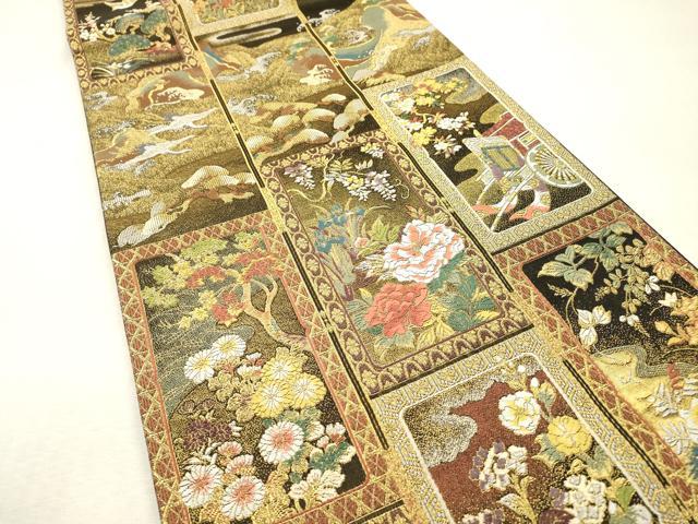 平和屋本店▼六通柄袋帯　唐織　琳派瑞祥錦　黒地　本金箔つづれ　正絹　逸品　DABI7878fe