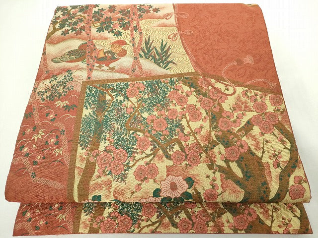 平和屋着物◎全通柄袋帯　鴛鴦花文　正絹　逸品　DABJ4087cd