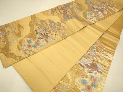 平和屋本店▼六通柄袋帯　風景花文　九百錦　純金箔　正絹　逸品　DABJ3997du