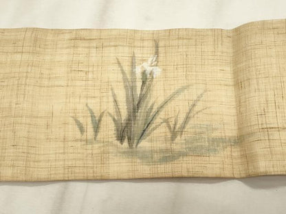 平和屋着物＊夏物　九寸名古屋帯　手描き　杜若　麻　逸品　CABL2216fb
