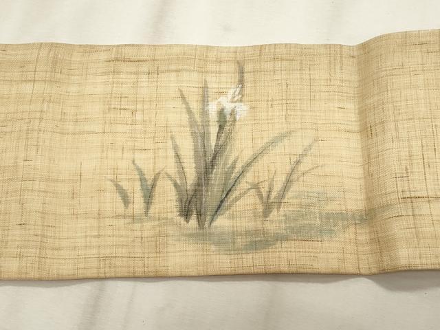 平和屋着物＊夏物　九寸名古屋帯　手描き　杜若　麻　逸品　CABL2216fb