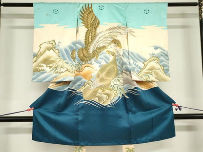 平和屋着物[]お宮参り　男の子　祝着　産着　初着　のしめ　駒刺繍　鷹　鷲　立波笹文　金彩　逸品　DABJ3130ea