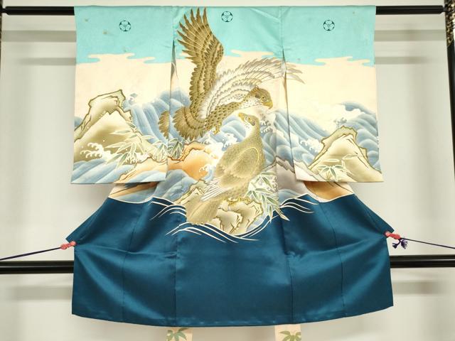 平和屋着物[]お宮参り　男の子　祝着　産着　初着　のしめ　駒刺繍　鷹　鷲　立波笹文　金彩　逸品　DABJ3130ea