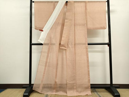 平和屋着物＊夏物　絽紬　よろけ縞　赤香色　正絹　逸品　CABK6765ze