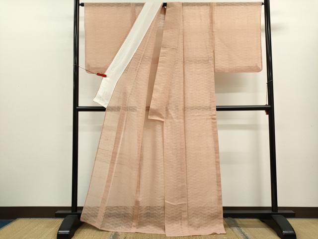 平和屋着物＊夏物　絽紬　よろけ縞　赤香色　正絹　逸品　CABK6765ze