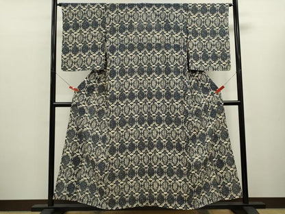 平和屋着物＊夏物　小紋　絽　藍　型染め　草花文　正絹　逸品　CABK6753ze