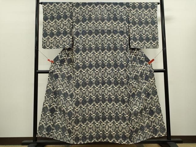 平和屋着物＊夏物　小紋　絽　藍　型染め　草花文　正絹　逸品　CABK6753ze