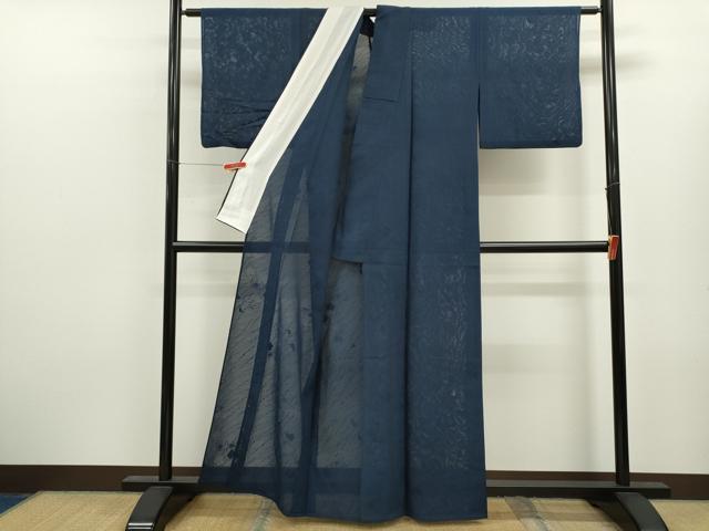 平和屋着物＊夏物　色無地　枝葉紋紗　濃藍色　正絹　逸品　CABK6750ze