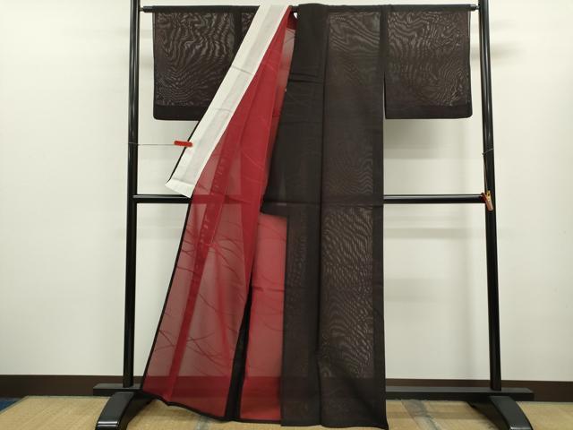 平和屋着物＊夏物　小紋　紗　芝草文　黒地　正絹　逸品　CABK6745ze
