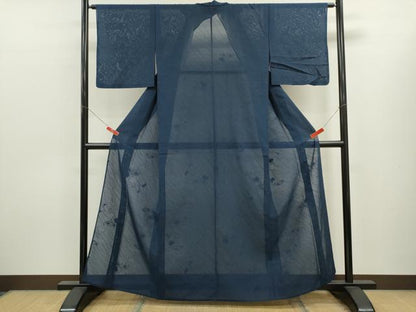 平和屋着物＊夏物　色無地　枝葉紋紗　濃藍色　正絹　逸品　CABK6750ze