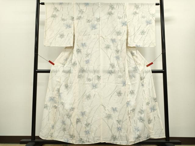 平和屋着物＊夏物　小紋　絽　手描き　草花文　銀彩　正絹　逸品　CABK6756ze