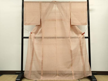 平和屋着物＊夏物　絽紬　よろけ縞　赤香色　正絹　逸品　CABK6765ze
