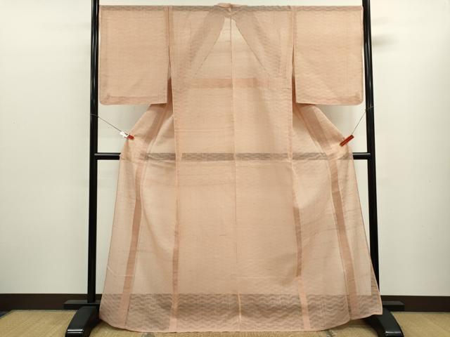 平和屋着物＊夏物　絽紬　よろけ縞　赤香色　正絹　逸品　CABK6765ze