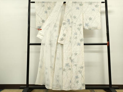 平和屋着物＊夏物　小紋　絽　手描き　草花文　銀彩　正絹　逸品　CABK6756ze