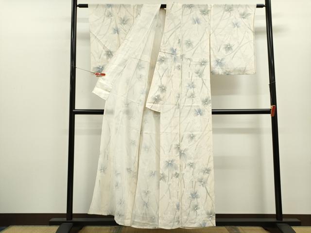 平和屋着物＊夏物　小紋　絽　手描き　草花文　銀彩　正絹　逸品　CABK6756ze
