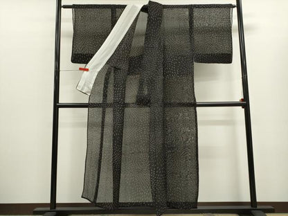 平和屋着物＊夏物　絹芭蕉　小紋　魚　黒地　正絹　逸品　CABK6772ze