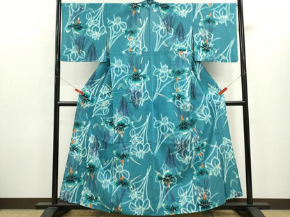 平和屋着物∴夏物　浴衣　注染　燕子花　手縫い　綿　逸品　CABK6789ze