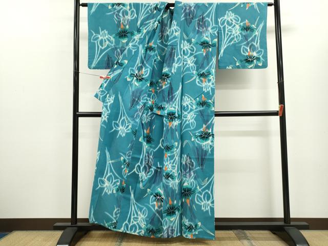 平和屋着物∴夏物　浴衣　注染　燕子花　手縫い　綿　逸品　CABK6789ze
