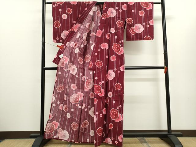 平和屋着物∴夏物　綿紅梅　浴衣　舞梅文　綿　逸品　CABK6793ze