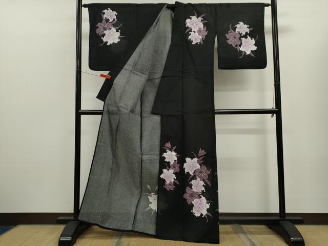 平和屋着物∴夏物　訪問着・浴衣兼用　絵羽浴衣　綿紅梅　百合　黒地　綿　逸品　CABK6799ze