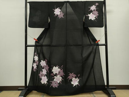 平和屋着物∴夏物　訪問着・浴衣兼用　絵羽浴衣　綿紅梅　百合　黒地　綿　逸品　CABK6799ze