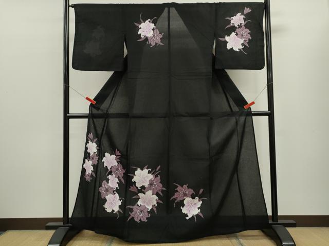 平和屋着物∴夏物　訪問着・浴衣兼用　絵羽浴衣　綿紅梅　百合　黒地　綿　逸品　CABK6799ze