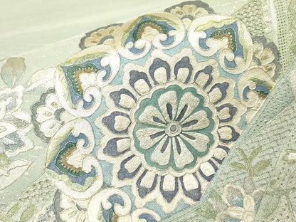 平和屋着物▼中国三大刺繍　スワトウ刺繍　汕頭刺繍　太鼓柄袋帯　正倉院花文　銀彩　正絹　逸品　DABJ1394az