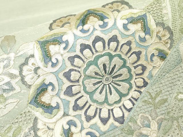 平和屋着物▼中国三大刺繍　スワトウ刺繍　汕頭刺繍　太鼓柄袋帯　正倉院花文　銀彩　正絹　逸品　DABJ1394az