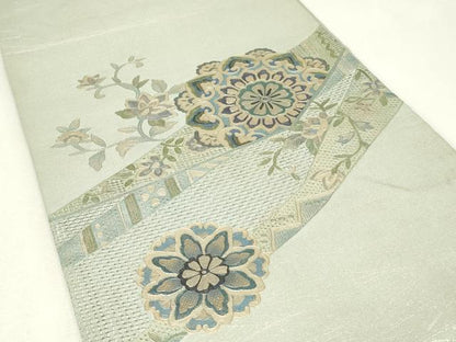 平和屋着物▼中国三大刺繍　スワトウ刺繍　汕頭刺繍　太鼓柄袋帯　正倉院花文　銀彩　正絹　逸品　DABJ1394az