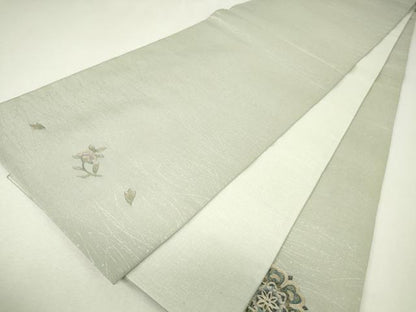 平和屋着物▼中国三大刺繍　スワトウ刺繍　汕頭刺繍　太鼓柄袋帯　正倉院花文　銀彩　正絹　逸品　DABJ1394az