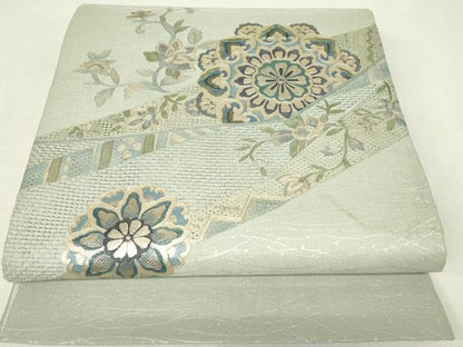 平和屋着物▼中国三大刺繍　スワトウ刺繍　汕頭刺繍　太鼓柄袋帯　正倉院花文　銀彩　正絹　逸品　DABJ1394az