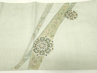 平和屋着物▼中国三大刺繍　スワトウ刺繍　汕頭刺繍　太鼓柄袋帯　正倉院花文　銀彩　正絹　逸品　DABJ1394az