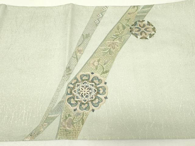 平和屋着物▼中国三大刺繍　スワトウ刺繍　汕頭刺繍　太鼓柄袋帯　正倉院花文　銀彩　正絹　逸品　DABJ1394az