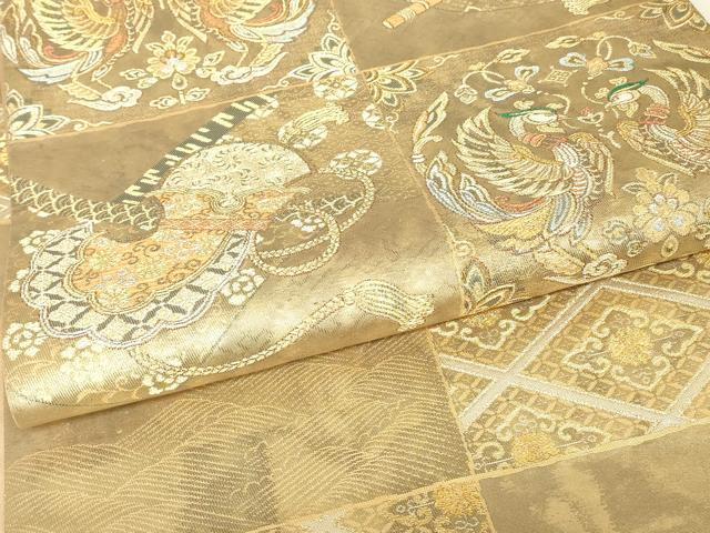 平和屋着物▼六通柄袋帯　鳳凰鳥兜文　金糸　引箔　正絹　逸品　DABJ1428az