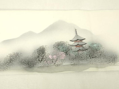 平和屋着物▼塩瀬　九寸名古屋帯　作家物　名所風景文　手描き　金彩　正絹　逸品　DABJ1423az