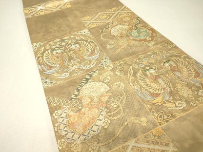 平和屋着物▼六通柄袋帯　鳳凰鳥兜文　金糸　引箔　正絹　逸品　DABJ1428az