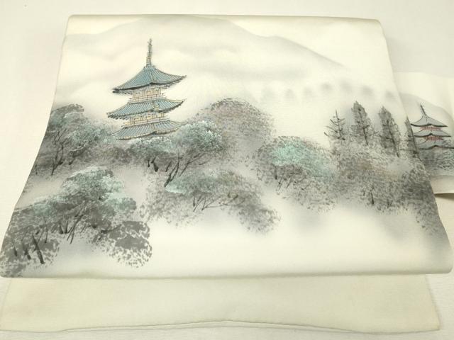 平和屋着物▼塩瀬　九寸名古屋帯　作家物　名所風景文　手描き　金彩　正絹　逸品　DABJ1423az