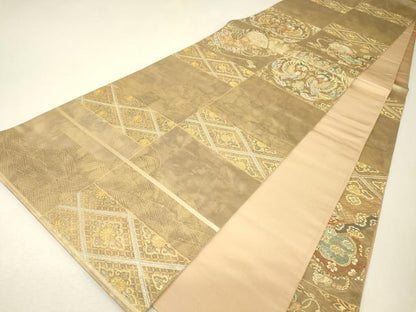 平和屋着物▼六通柄袋帯　鳳凰鳥兜文　金糸　引箔　正絹　逸品　DABJ1428az