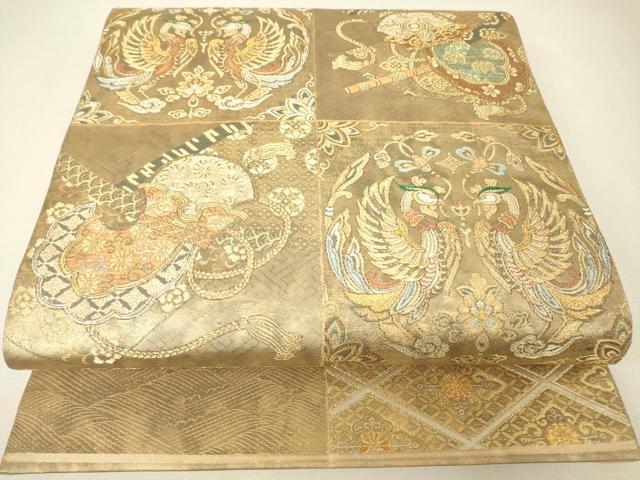 平和屋着物▼六通柄袋帯　鳳凰鳥兜文　金糸　引箔　正絹　逸品　DABJ1428az