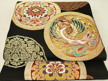 平和屋着物▼六通柄袋帯　正倉院鳳凰花文　黒地　金銀糸　正絹　逸品　DABJ1444az