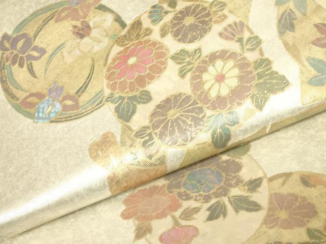 平和屋着物▼太鼓柄袋帯　螺鈿箔　花丸文　金彩　引箔　正絹　逸品　DABJ1442az