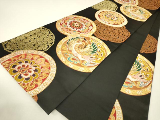 平和屋着物▼六通柄袋帯　正倉院鳳凰花文　黒地　金銀糸　正絹　逸品　DABJ1444az