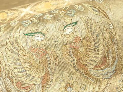平和屋着物▼六通柄袋帯　鳳凰鳥兜文　金糸　引箔　正絹　逸品　DABJ1428az