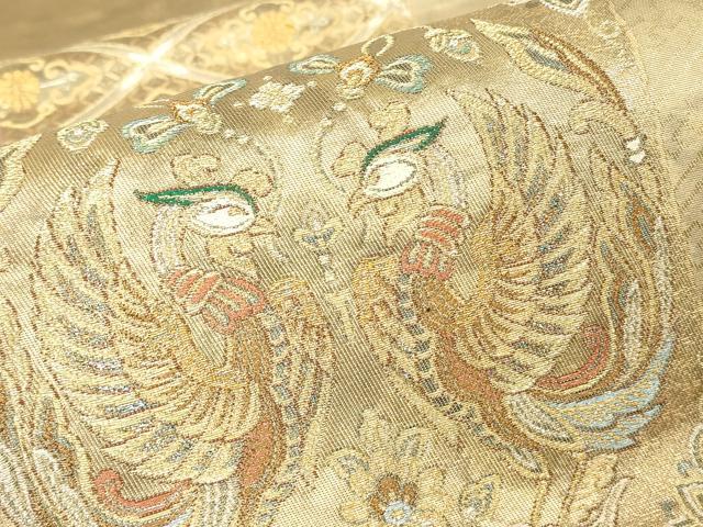 平和屋着物▼六通柄袋帯　鳳凰鳥兜文　金糸　引箔　正絹　逸品　DABJ1428az