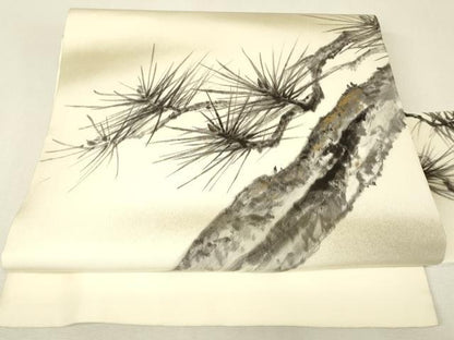 平和屋着物●塩瀬　九寸名古屋帯　作家物　老松文　手描き　金彩　正絹　逸品　DABJ1427az